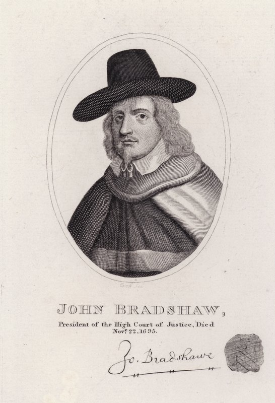 John Bradshaw, engelsk domare som var president för High Court of Justice för rättegången mot kung Charles I 1649 (gravyr) av English School