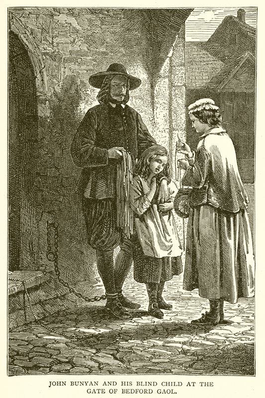 John Bunyan och hans blinda barn vid Gate of Bedford Gaol av English School