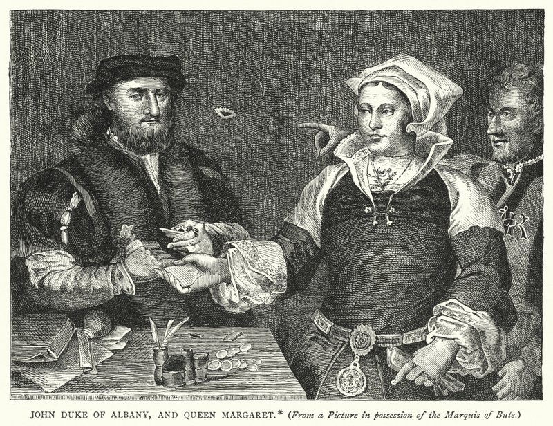 John Duke of Albany och drottning Margareta (gravyr) av English School