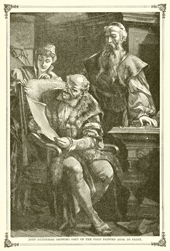 John Gutenberg visar en del av den första tryckta boken till Faust av English School