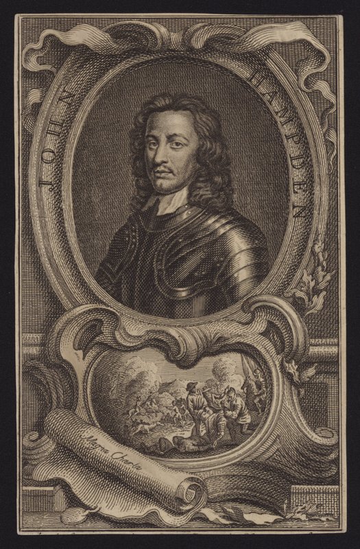 John Hampden, engelsk parlamentarisk politiker och soldat (gravyr) av English School