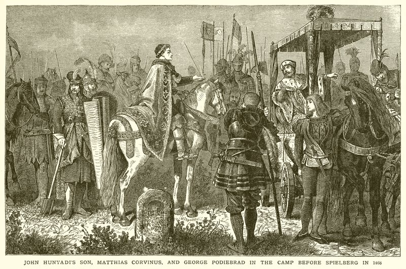 John Hunyadis Son, Matthias Corvinus och George Podiebrad i lägret före Spielberg 1468 av English School