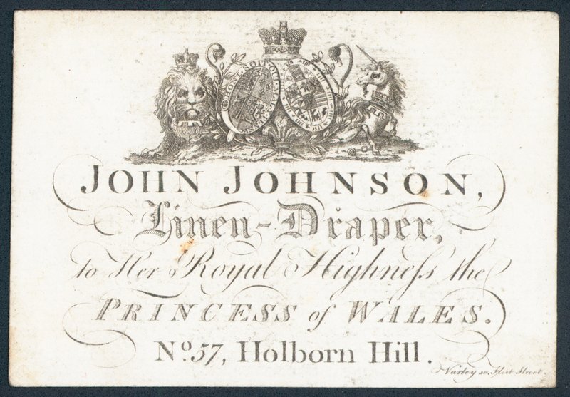 John Johnson, linneduk, handelskort av English School