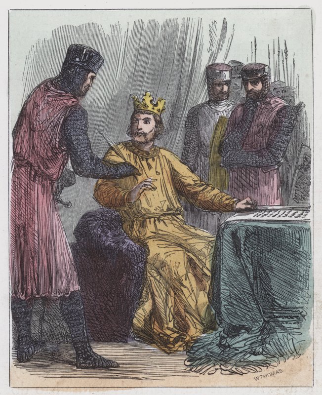 John Signing Magna Charta (färgad gravyr) av English School