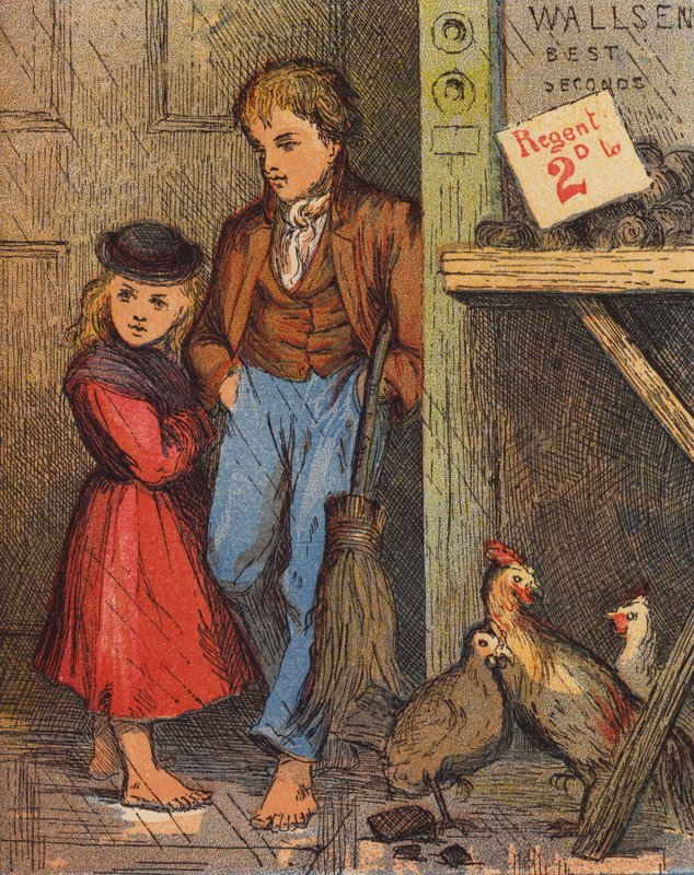 John och Nelly i skydd (färglitografi) av English School