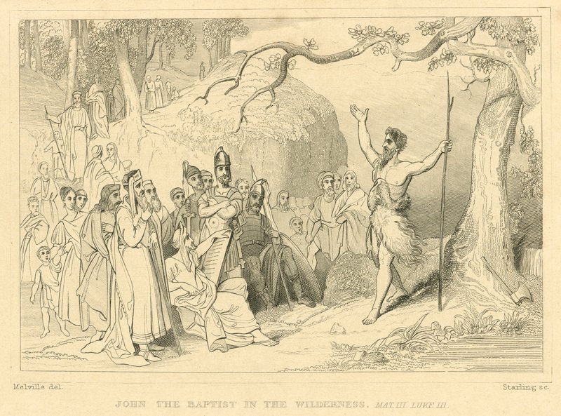 Johannes Döparen i öknen, Matteus III, Lukas III (gravyr) av English School