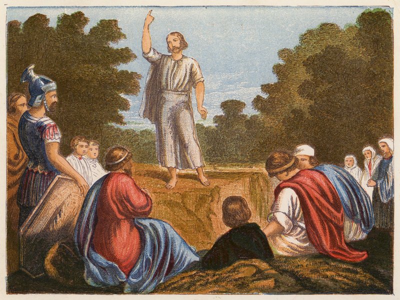 Johannes Döparen predikar (färglitografi) av English School