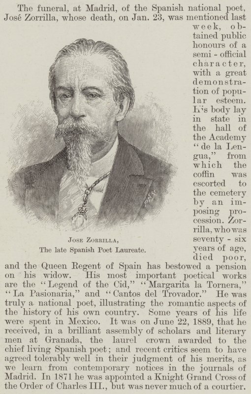 Jose Zorrilla, den avlidne spanska poetpristagaren (gravyr) av English School