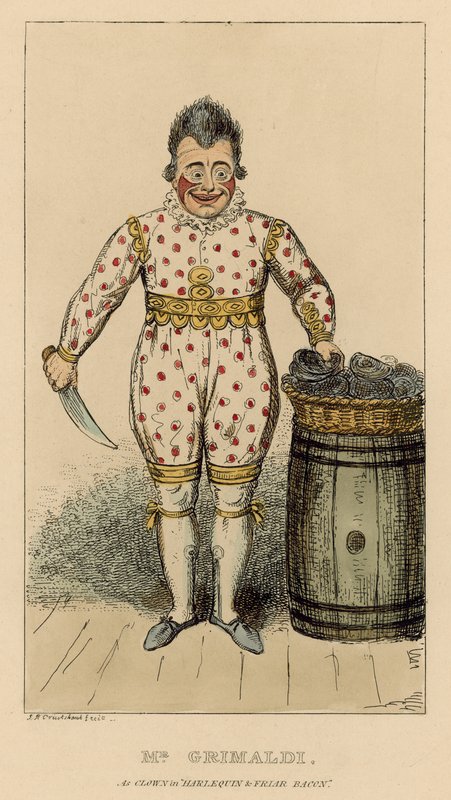 Joseph Grimaldi som clown i Harlequin and Friar Bacon av English School
