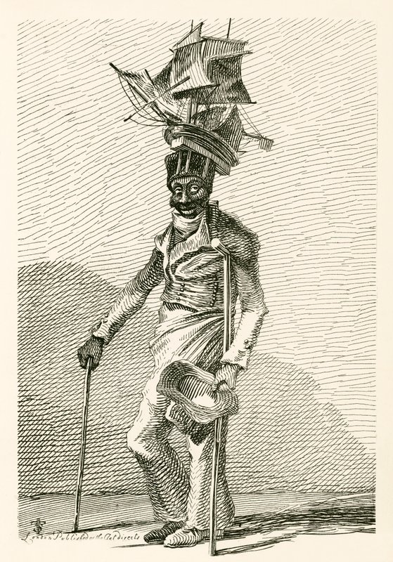 Joseph Johnson, en svart sjöman, med en modell av fartyget Nelson på mössan av English School