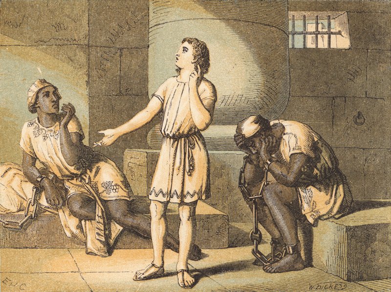 Joseph i fängelse (färgad gravyr) av English School