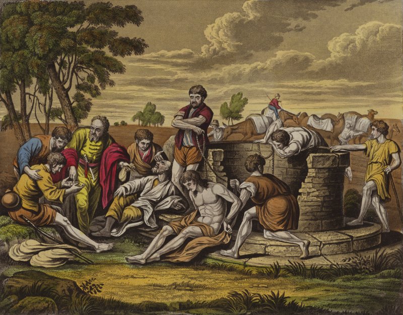 Josef säljs till Egypten (färg litho) av English School