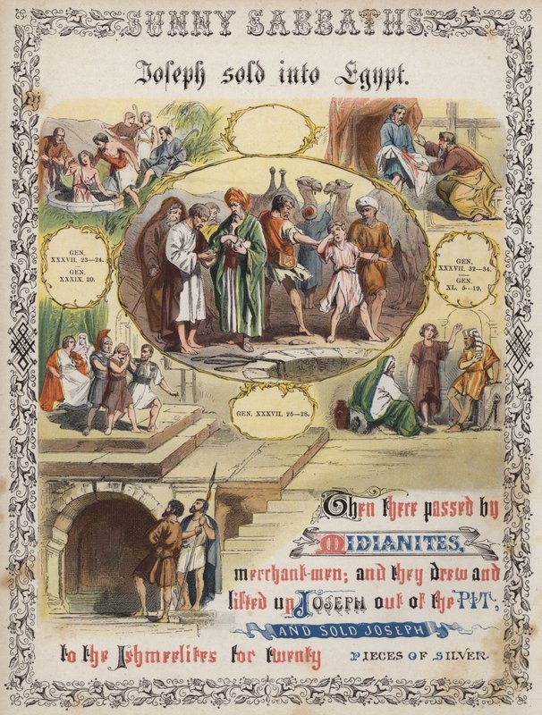 Josef såldes till Egypten (färgad gravyr) av English School