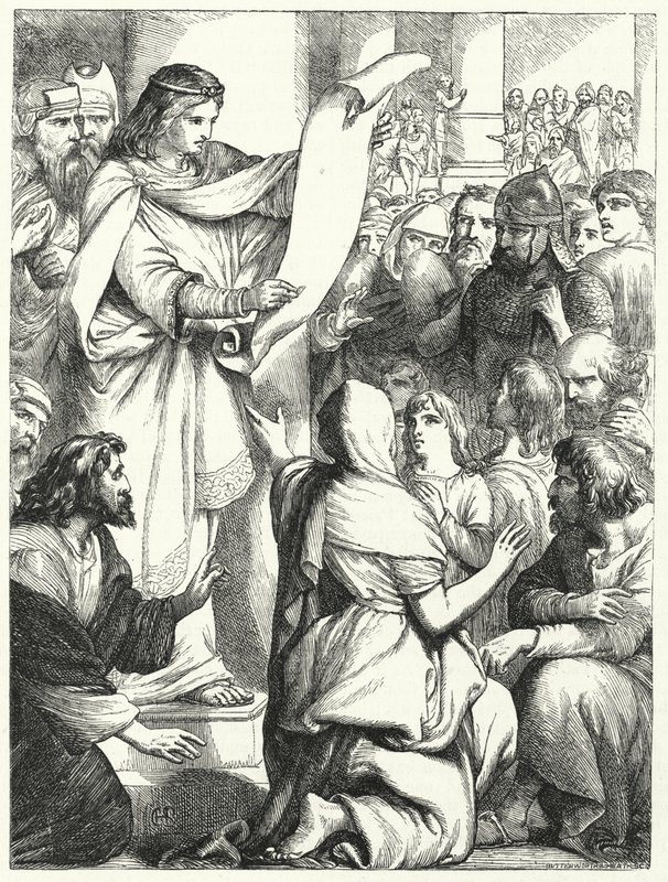 Josiah, Juda kung, läser lagen för folket (gravyr) av English School