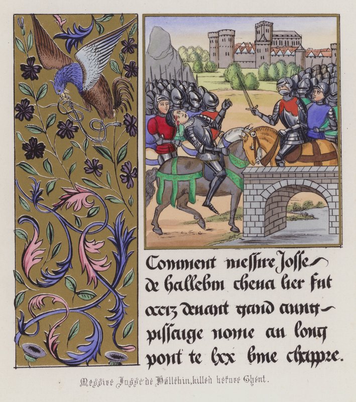 Josse de Haluin dödad före Gent (färgad gravyr) av English School