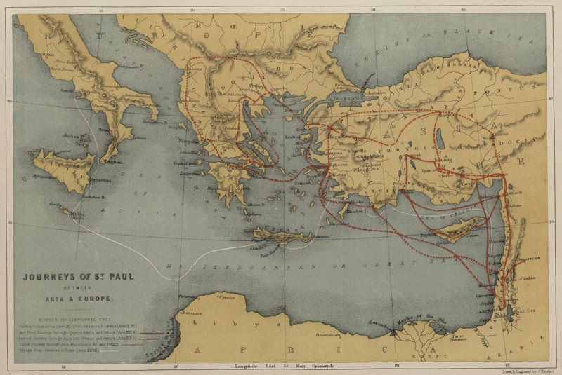 Paulus resor mellan Asien och Europa (färglitografi) av English School