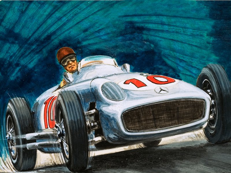 Juan Manuel Fangio kör en Mercedes-Benz av English School