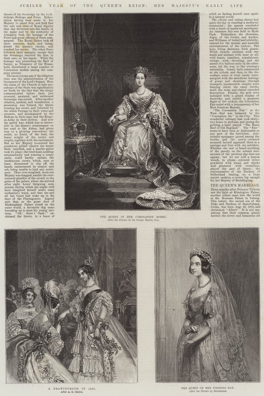 Jubileumsåret för drottningens regeringstid, hennes majestäts tidiga liv (gravyr) av English School