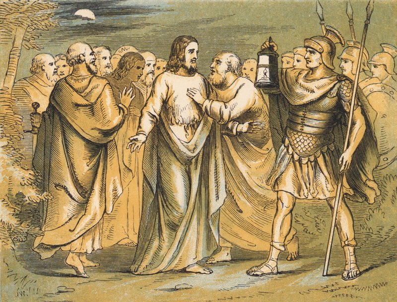 Judas förråder Jesus (färgad gravyr) av English School