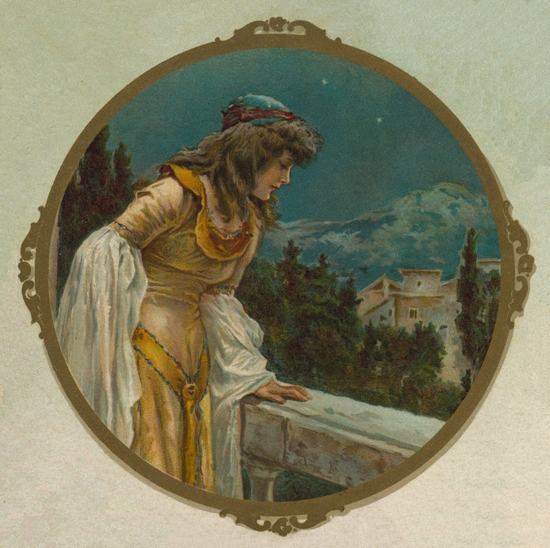 Julia på hennes balkong, scen från Shakespeares Romeo och Julia (chromolitho) av English School