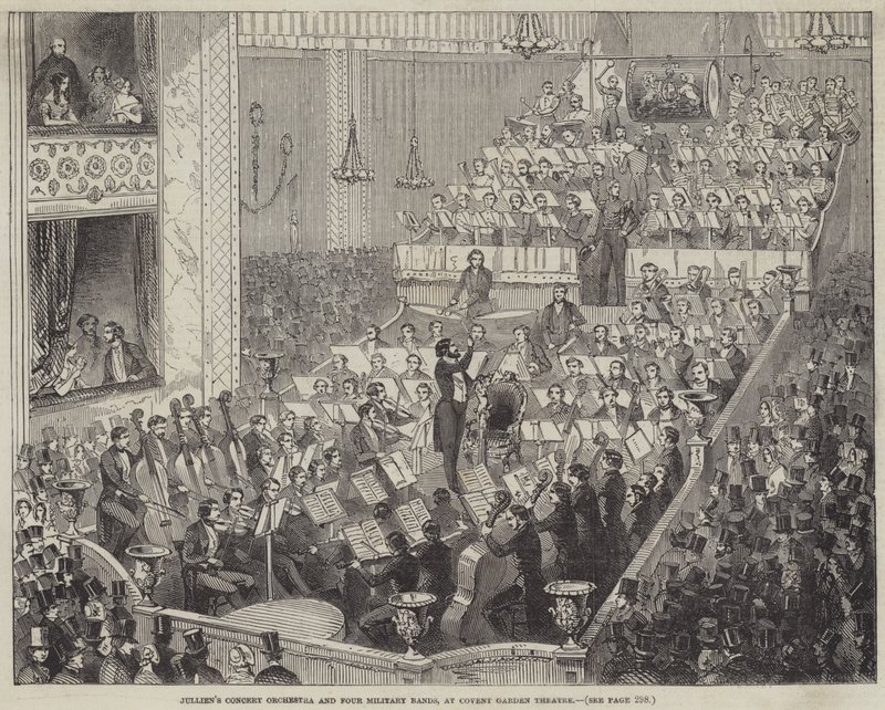 Julliens konsertorkester och fyra militärband, på Covent Garden Theatre (gravyr) av English School