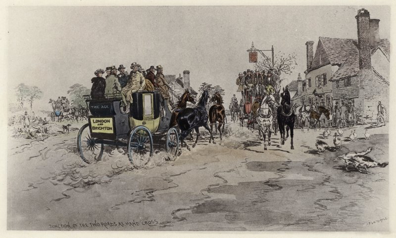 Junction of the Two Roads at Hand Cross (färg litho) av English School