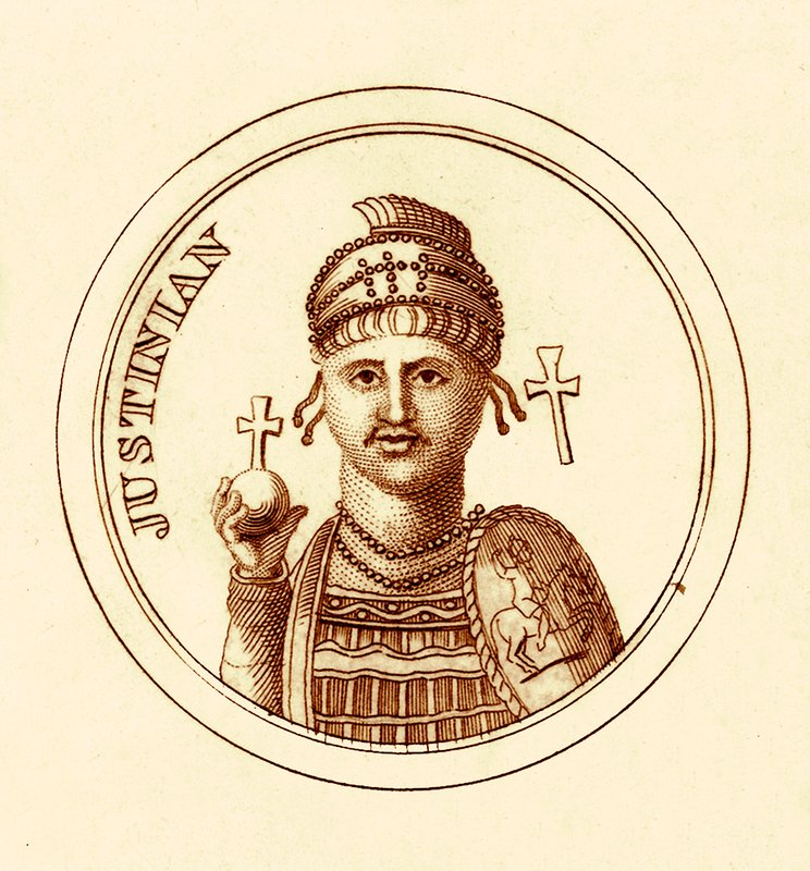 Justinian, illustration från The Universal Historical Dictionary av George Crabb, publicerad 1825 (digitalt förbättrad bild) av English School