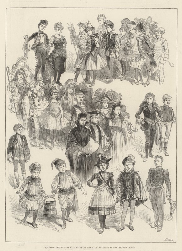 Juvenile Fancy-Dress Ball ges av Lady Mayoress i Mansion House (gravyr) av English School