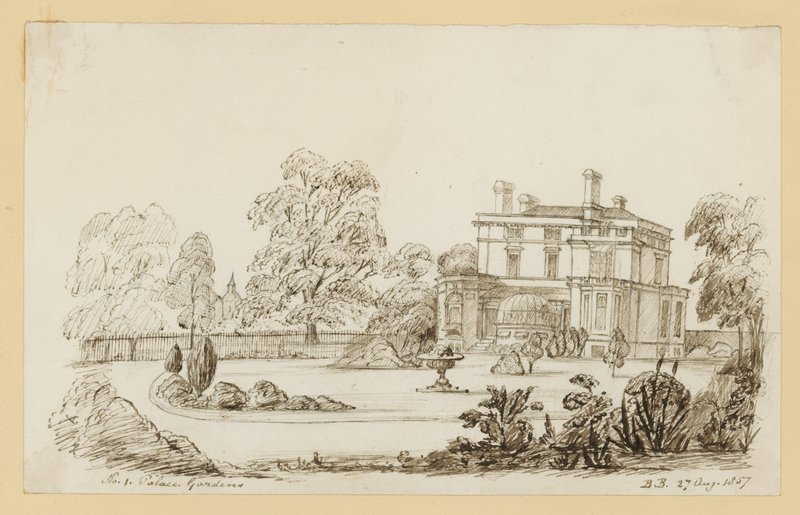 Kensington Palace Gardens; daterad 27 augusti 1857 (bläck på papper) av English School