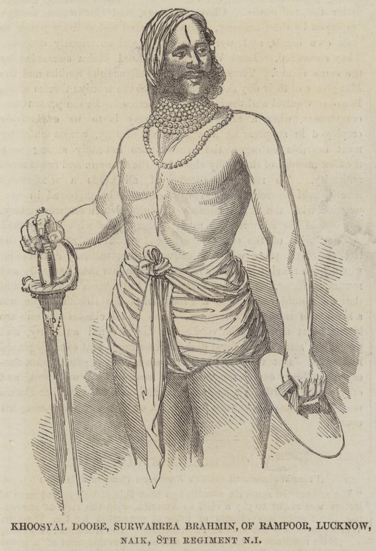 Khoosyal Doobe, Surwarrea Brahmin, från Rampoor, Lucknow, Naik, 8:e regementet inhemskt infanteri (gravyr) av English School