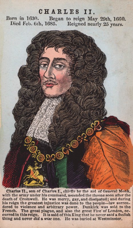 Kung Karl II (färgad gravyr) av English School