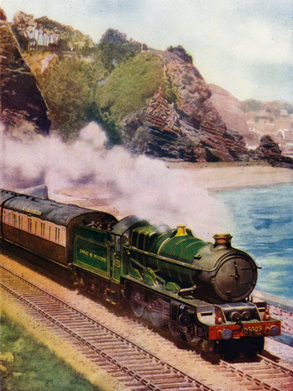 King Charles II, Great Western Railway (GWR) King klass 4-6-0 ånglok, som transporterar Cornish Riviera express längs kusten mellan Dawlish och Teignmouth, Devon (färg litho) av English School