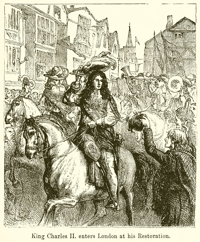 Kung Charles II går in i London vid sin restaurering av English School
