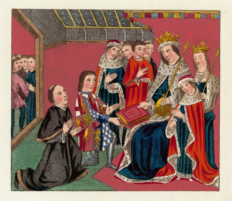Kung Edward IV, hans drottning och son (färgad gravyr) av English School