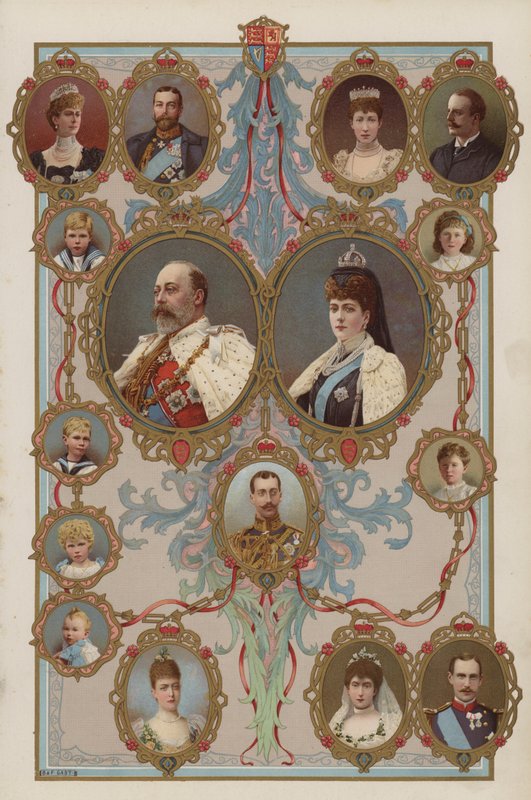 Kung Edward VII, drottning Alexandra och deras barn och barnbarn (färg litho) av English School