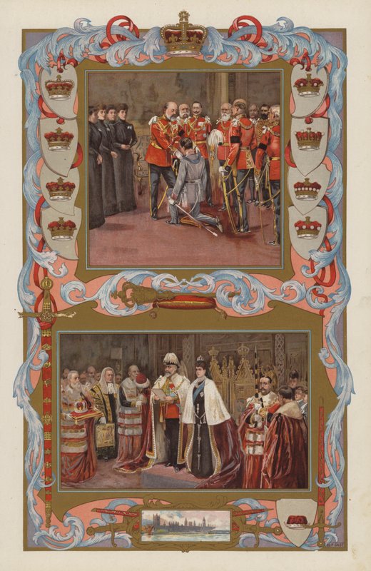 Kung Edward VII:s första handlingar som regent 1901 (färglitografi) av English School