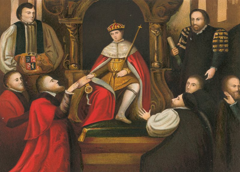 Kung Edward VI bekräftar sin fars gåva av Christs Hospital till City of London av English School