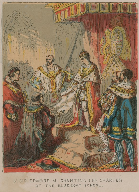 Kung Edward VI beviljar Charter of the Bluecoat School av English School