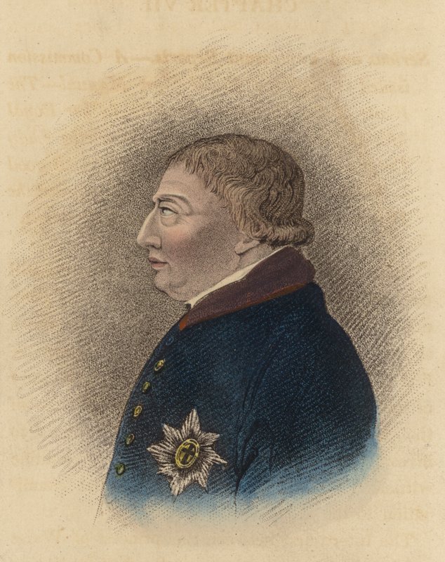 Kung George III, från en skiss tagen i Windsor under hans sjukdom (färgad gravyr) av English School