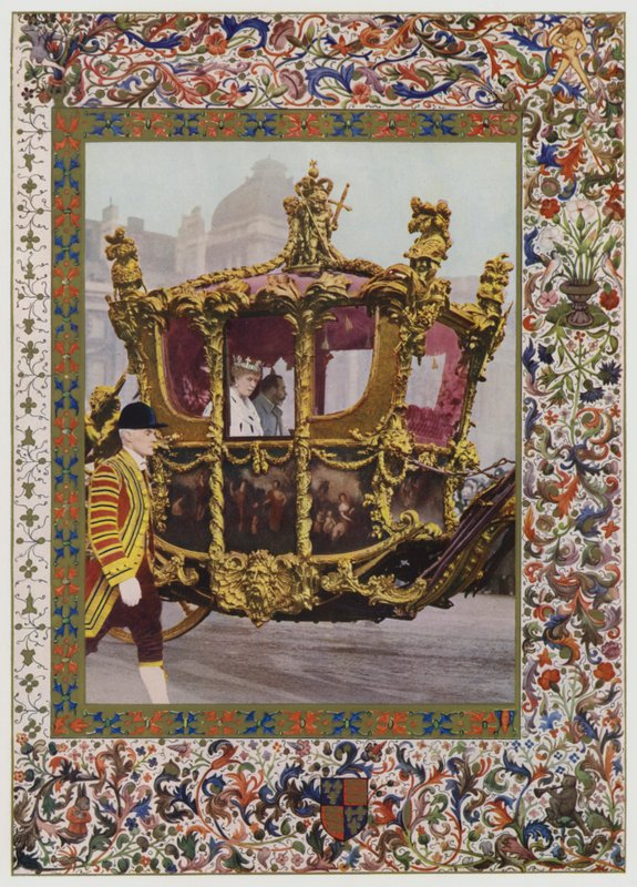 Kung George V och drottning Mary åker i statens buss (färg litho) av English School