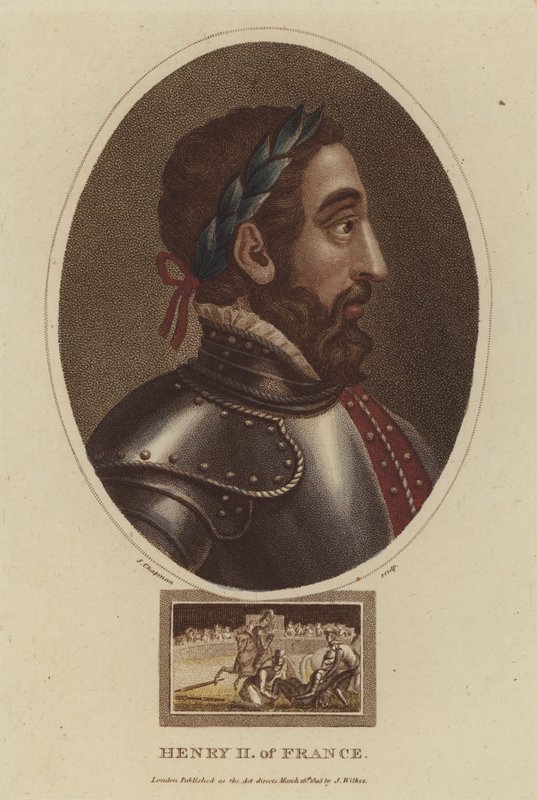 Kung Henrik II av Frankrike (färgad gravyr) av English School