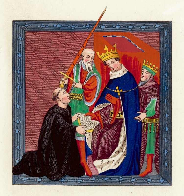 Kung Henry VI och John Lydgate (färgad gravyr) av English School