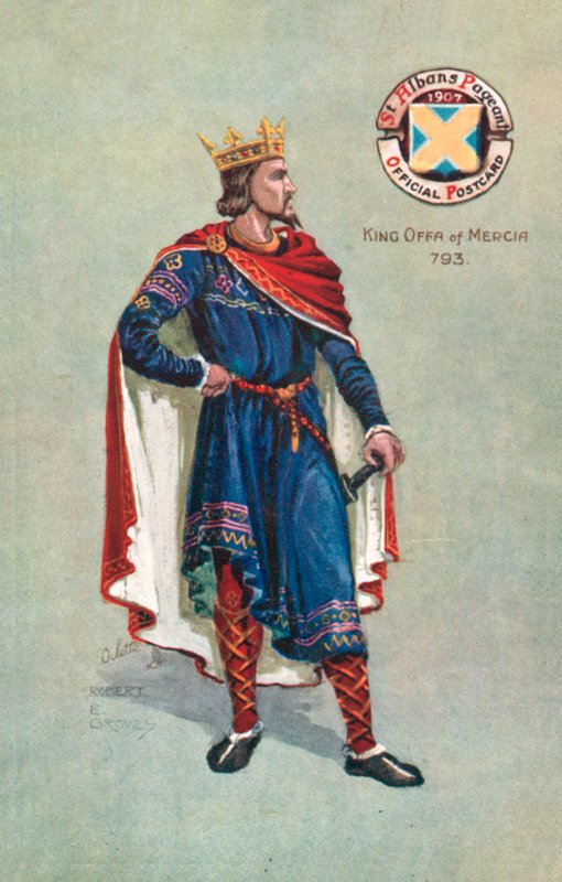 Kung Offa av Mercia 793, St Albans festspel 1907 (färg litho) av English School