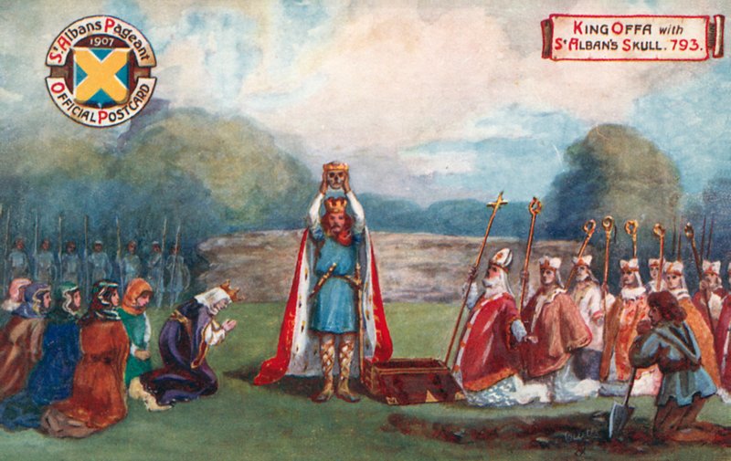 Kung Offa med S:t Albans skalle, 793; St Albans Pageant av English School