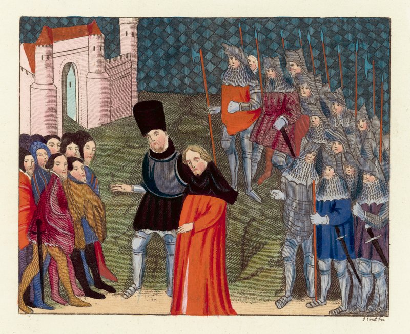 Kung Richard II förmedlas till London (färgad gravyr) av English School