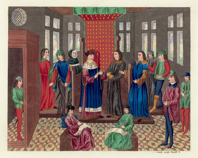 Kung Richard II avsäger sig sin krona och stat (färgad gravyr) av English School