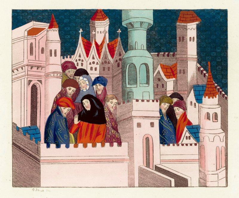 Kung Richard II med sina vänner på Conway (färgad gravyr) av English School