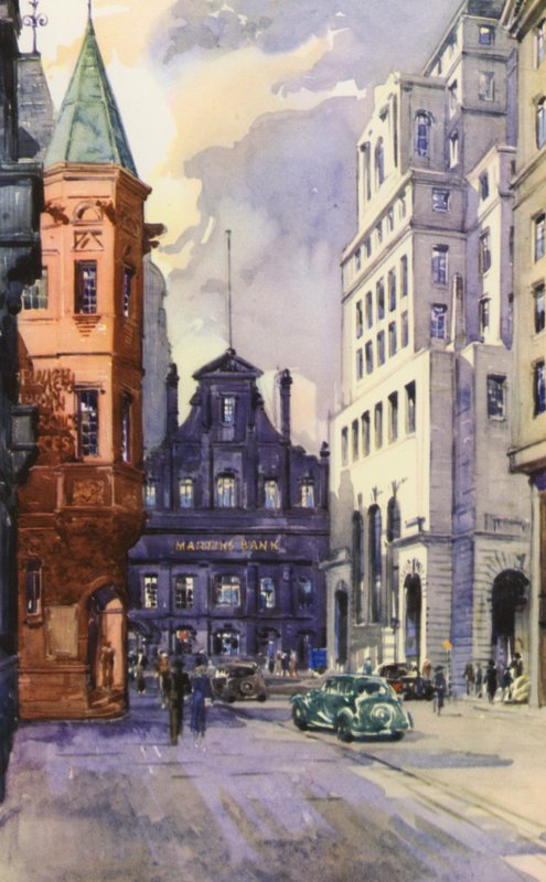 King Street, Manchester, stadens finanscentrum (färg litho) av English School
