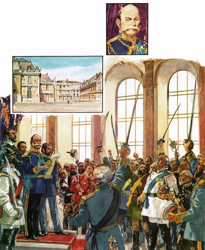 Kung Vilhelm av Preussen tillkännager upprättandet av ett enat tyskt rike i slottet i Versailles av English School