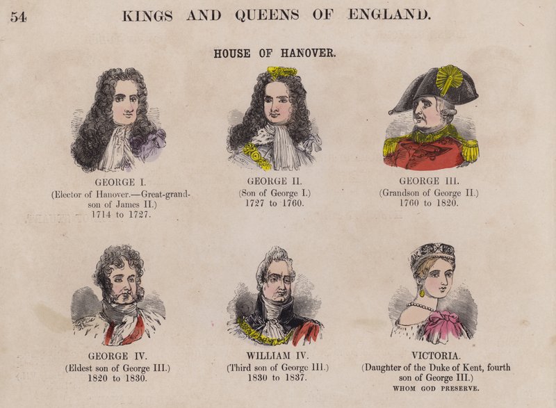Kungar och drottningar av England och deras dynastier (färgad gravyr) av English School